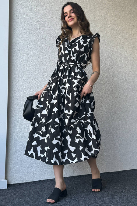Pimu V-Neck Maxi Dress with Graphic Print-Black