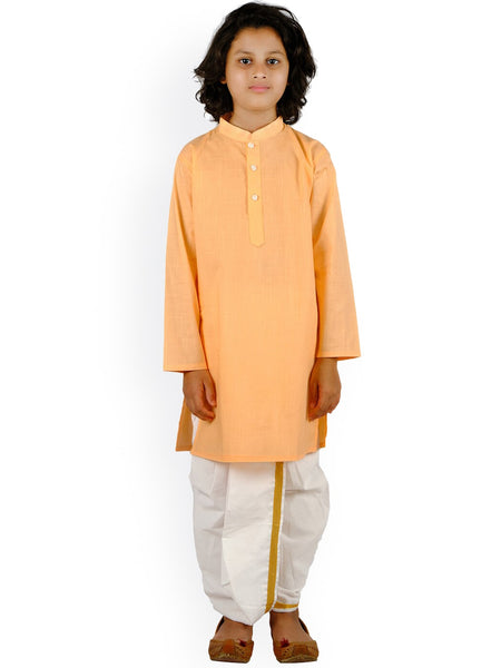 Sethukrishna Boys Orange Embroidered Pure Cotton Kurta with Churidar