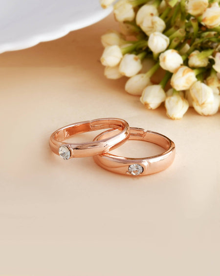 VOJ Stainless Steel Cubic Zirconia Rose Gold-Polished Adjustable Ring Set for Couple