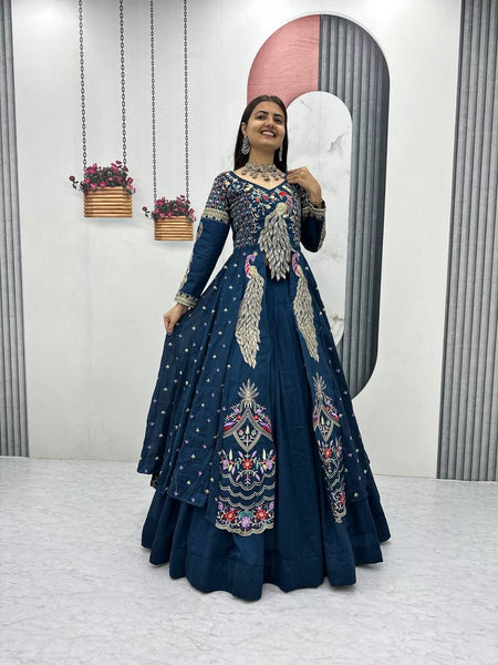 Yash Enterprise Rama Green Vichitra Silk Party Wear Embroidery Crop Top With Blouse Lehenga Choli