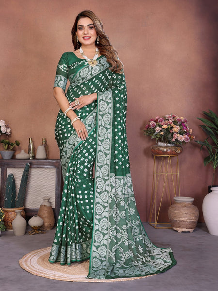 Anaita Green Handmade Bandhej Viscose Silk Saree With Blouse
