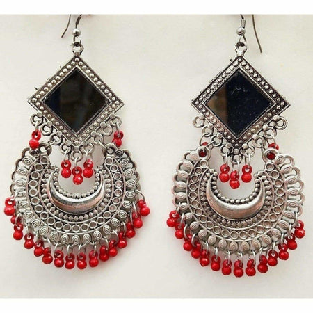 MS Fashion India Latest Trendy Chandbali Red Pearls Long Mirror Half Moon Silver Tone Earrings