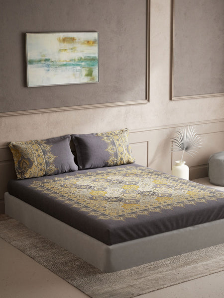 DDecor Grey & Yellow Ethnic Motifs Cotton 140 TC King Bedsheet With 2 Pillow Covers