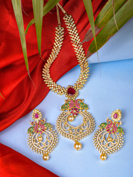 Saraf RS Jewellery Gold-Polished Green & Pink American Diamond Studded & Beaded Handcrafted Jewellery Set
