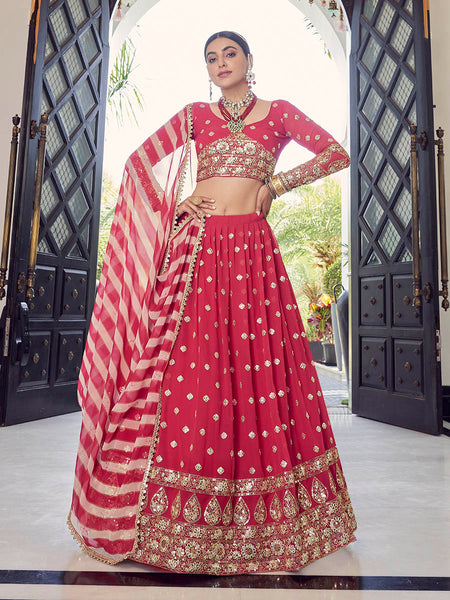 Myra Coral Red Georgette Embroidered Designer Lehenga