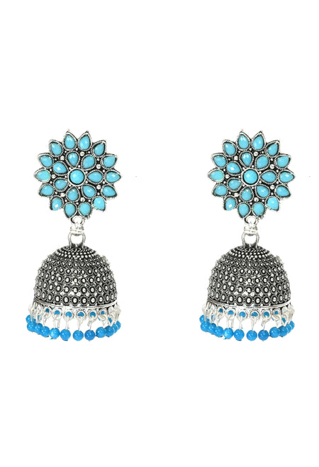 Mominos Fashion Joharkamal Kundan work Jhumka with Sky Blue Beads