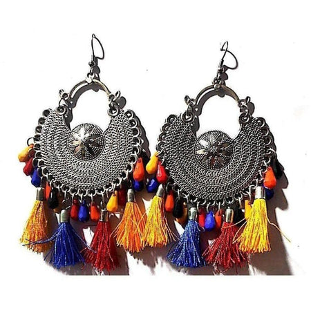 MS Fashion India German Silver Chandbali Earrings With Multi Color Beads And Silk Threads