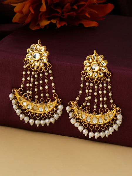 NVR Women Gold-Polished Kundan Chandbali Earrings