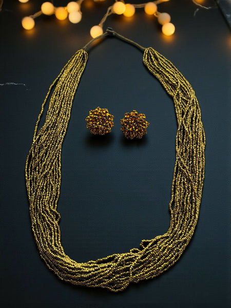 Inhanns Rangsaaz 20-Layer Luxe Long Beaded Necklace (With Optional Statement Earrings) - Golden Long With Earring