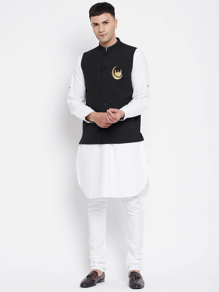 Even Apparels Black Pure Cotton Nehru Jacket With Eid Insignia NJ-PW668-CHA