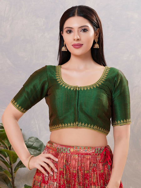 Joban Fashion Women Silk Bottle-Green Stitched Blouse