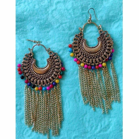 MS Fashion India Hanging Chains Gold-Polished Chandbali Multi Color Pearls Party Wear Earrings