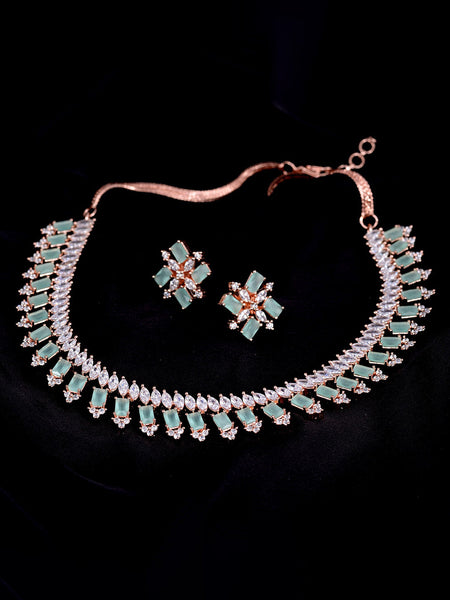 Saraf RS Jewellery Sea Green & Rose Gold-Polished American Diamond Studded Jewellery Set