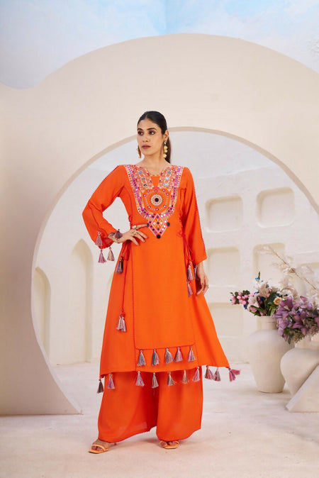 The52 Women's Gorgeous Rayon Fabric Thread Work Straight Kurta Palazzo Set