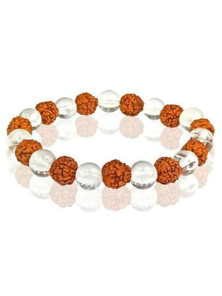 NVR Natural Rudraksha & Quartz Beaded Stretchable Bracelet
