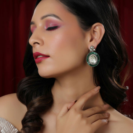 Kundan and Diamond with Green Stones Dangler Earrings (Green) - Ruby Raang