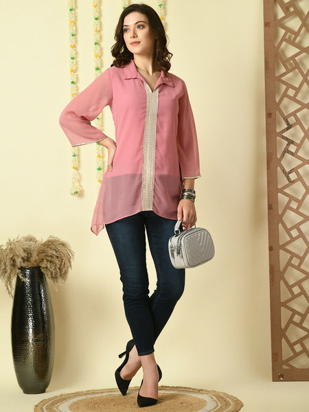 Myshka Women's Pink Embroidered Party Fusion Top