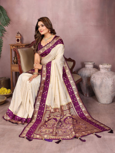 Anaita Beige Handloom Kalamkari Silk Saree With Zari Woven Work