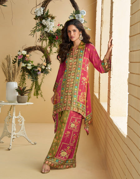 Anaita Magenta Real Premium Digital Crepe Silk Readymade Cord Set With Mirror Work