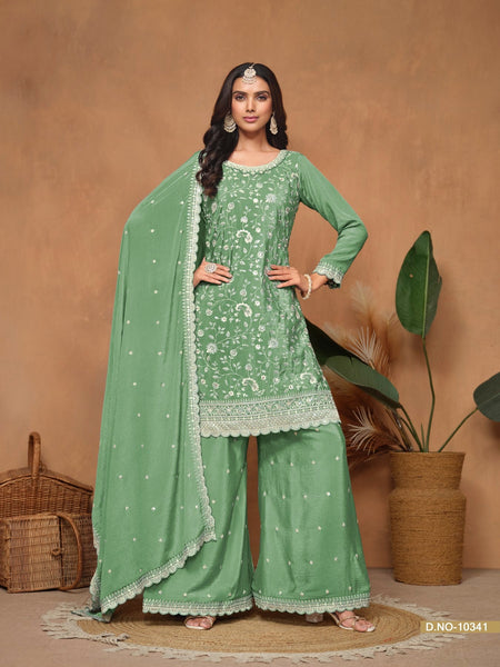 Anaita Green Embroidered Chinon Silk Palazzo Suit