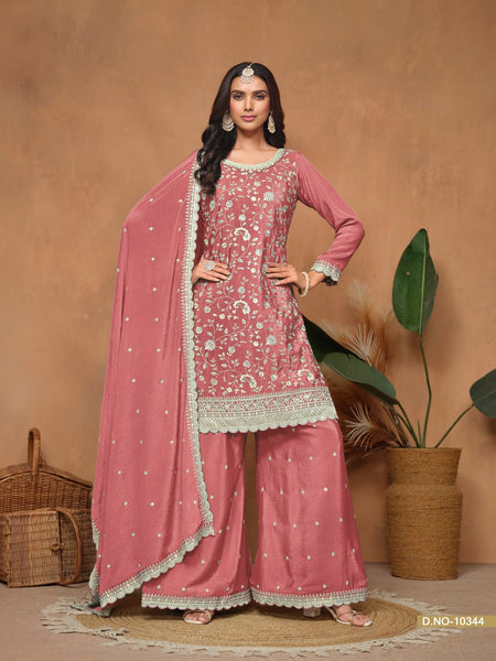 Anaita Peach Embroidered Chinon Silk Palazzo Suit