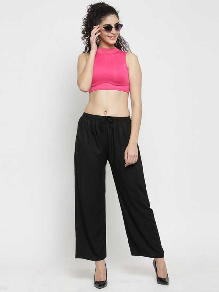 PAVONINE Black Color Straight Fit Rayon Fabric Palazzo For Women