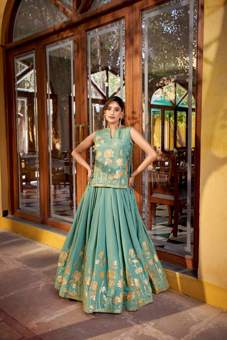 Lorenvalley Fashion Skyblue Pure Shimmer Thread Embroidery with Foil Work Lehenga Choli Co-ord Set