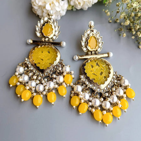 Tehzeeb Creations Latest Gold Polish Kundan & Pearl Studded Designer Drop Long Earrings For Women And Girls Yellow