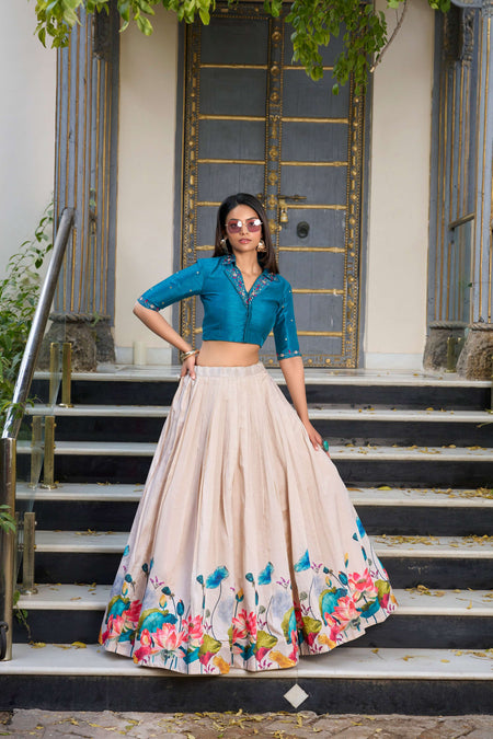 Lorenvalley Fashion Offwhite Tussar Silk Floral Print Lehenga Choli
