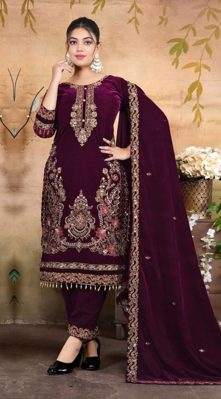 Anaita Maroon Velvet Suit With Embroidery & Zarkan Work