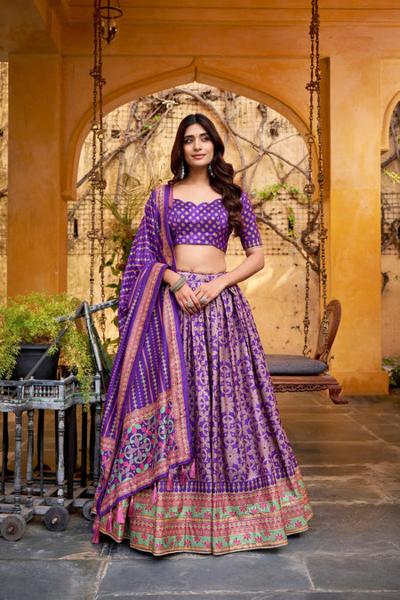 Lorenvalley Fashion Purple Tasar Silk Iconic Sparkle with Lace Border Lehenga Choli with Dupatta