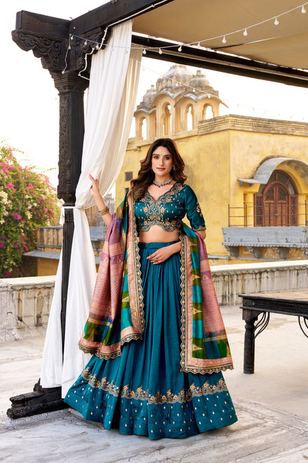 Lorenvalley Fashion Firozi Vichitra Silk Sequins and Thread Embroidery Work Lehenga Choli with Dupatta