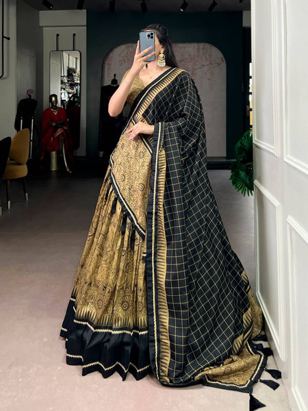 Lorenvalley Fashion Gold Tasar Silk Kalamkari Print With Lace Border Lehenga Choli with Dupatta