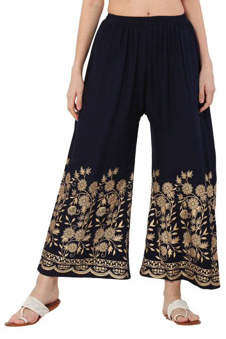 PAVONINE Navy Blue Color Floral Half Golden Print Sharara For Women