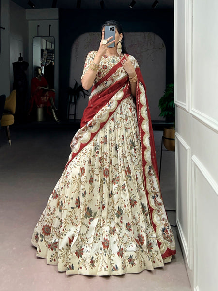 Lorenvalley Fashion Offwhite Tasar Silk Gilded Motif Foil Printed Lehenga Choli with Dupatta