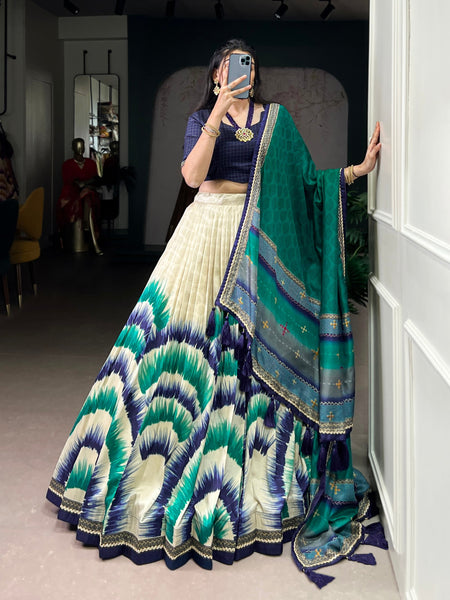 Lorenvalley Fashion Multicolor Tasar Silk Tie and Dye Print with Lace Touch Up Lehenga Choli with Dupatta