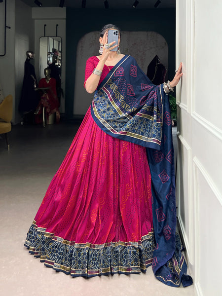 Lorenvalley Fashion Pink Tasar Silk Bandhej Print With Gotta Patti Lace Touch Up Lehenga Choli with Dupatta