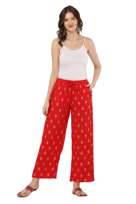 PAVONINE Red Color Full Golden Leaf Print Palazzo For Women Pant