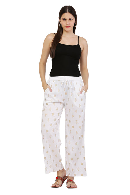 PAVONINE White Color Full Golden Leaf Print Palazzo For Women Pant