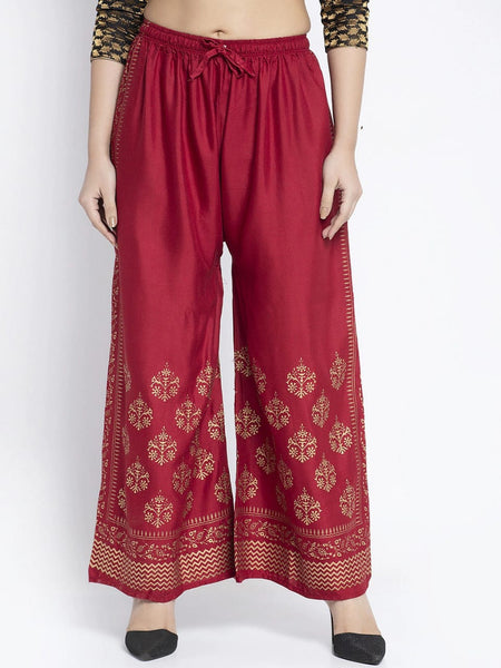 PAVONINE Maroon Color Block Side Printed Rayon Fabric Sharara For Women