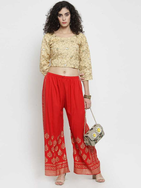 PAVONINE Red Color Block Side Printed Rayon Fabric Sharara For Women