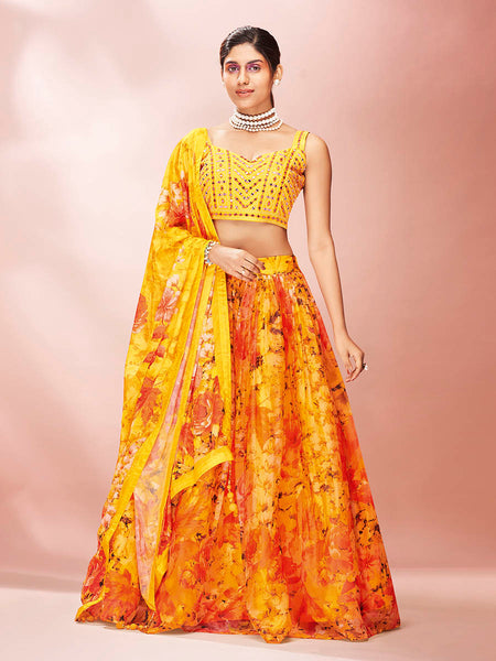 Myra Yellow Art Silk Embroidered Mirror Work Lehenga For Women