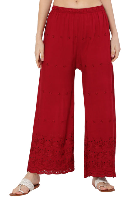 PAVONINE Maroon Color Half Schiffli Chikankari Rayon Fabric Palazzo For Women