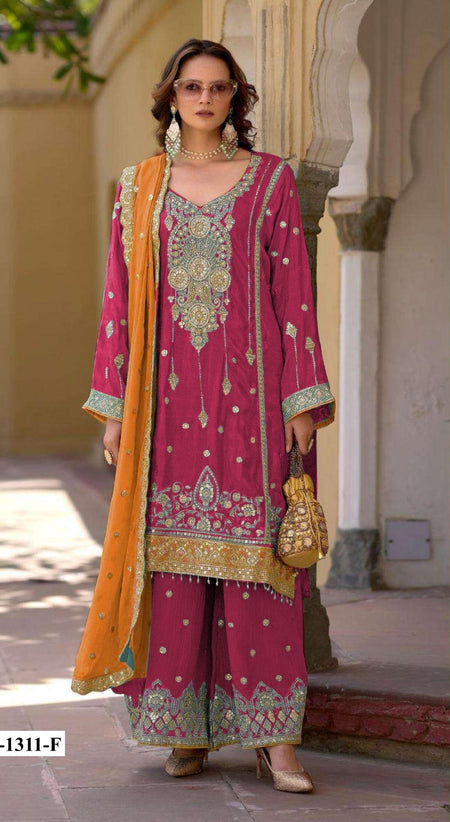 Anaita Red Heavy Chinon Suit With Embroidery Bits Work