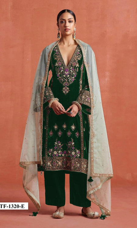 Anaita Dark Green Heavy Velvet Suit With Embroidery Work