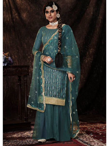 Myra Beautiful Dark Firozi Net Embroidered Sharara Suit