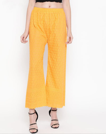 PAVONINE Yellow Color Full Chikankari Cotton Fabric Palazzo For Women