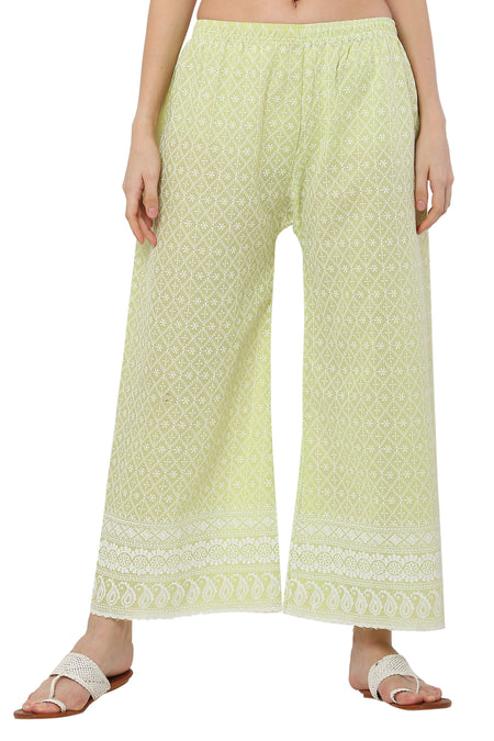PAVONINE Lemon Color Full Thread Chikankari Cotton Fabric Palazzo For Women
