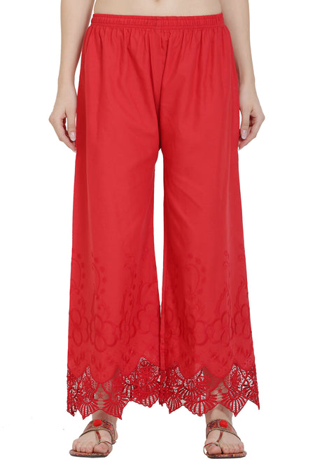 PAVONINE Red Color Chikankari Lace Scalloped Hem Cotton Fabric Sharara For Women