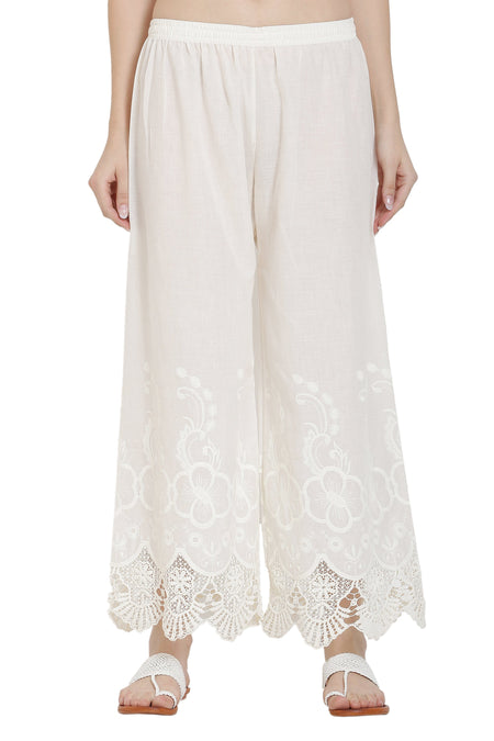 PAVONINE White Color Chikankari Lace Scalloped Hem Cotton Fabric Sharara For Women